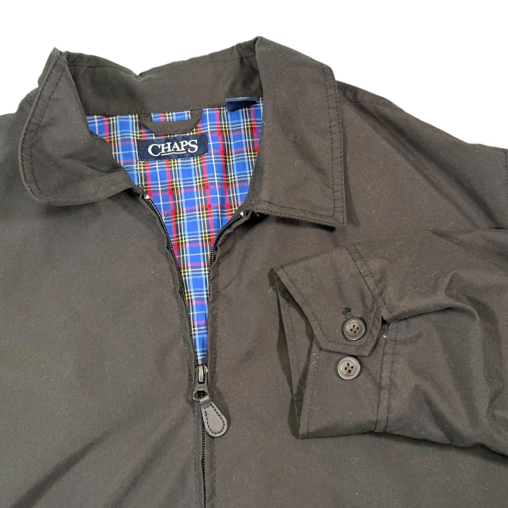 Chaps LT Black Harrington Jacket Plaid Lined Full Zip Windbreaker Preppy Classic
